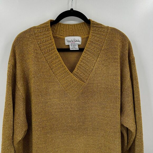 DIANE VON FURSTENBERG Vintage Womens Yellow Gold Metallic V-Neck Sweater Size 2X - Picture 3 of 6